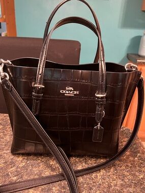 NWOT Coach Mollie Tote 25 in Black Croc-Embossed Leather, Fabric Lining. #CW017